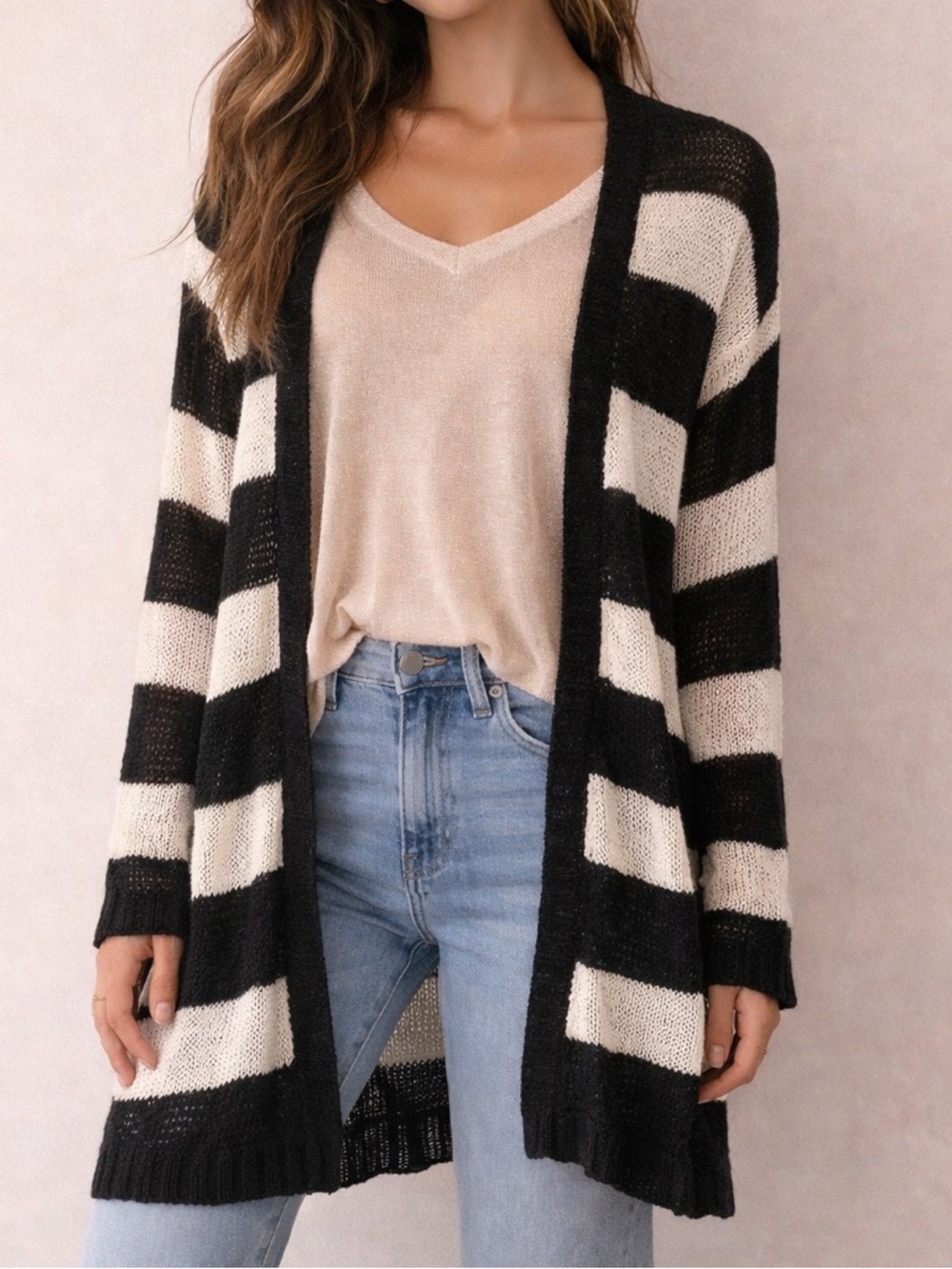 ADDITION ELLE Black and Cream Striped Open-Front Women’s Sweater Cardigan